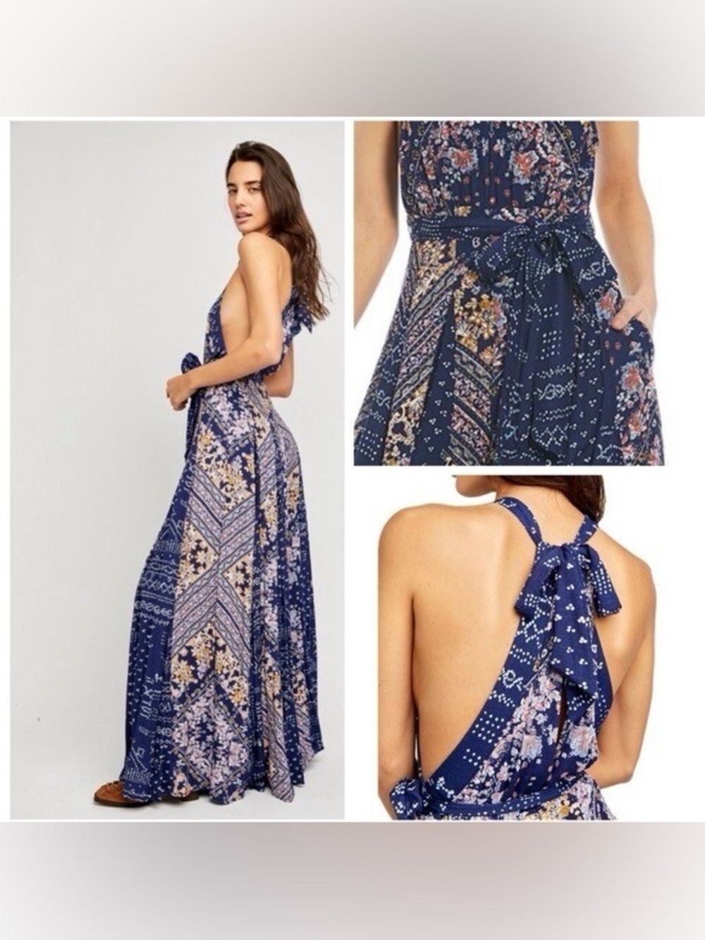 Free People Shangri-La Jumpsuit Navy Blue Patchwork Halter Wide Leg Size 4 EUC